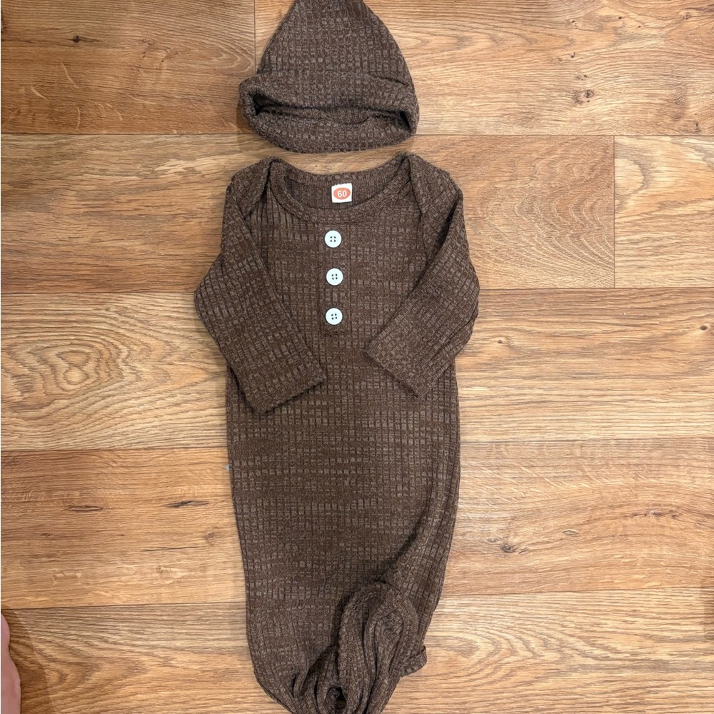 Brown Baby Knotted Gown With Hat